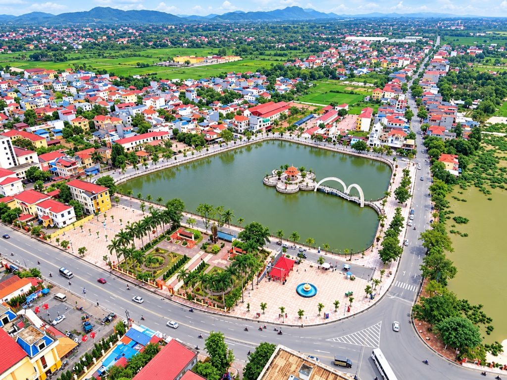 Khu vực An Dương Hải Phòng nhìn từ trên cao với hồ nước, quảng trường ven hồ và khu dân cư bao quanh