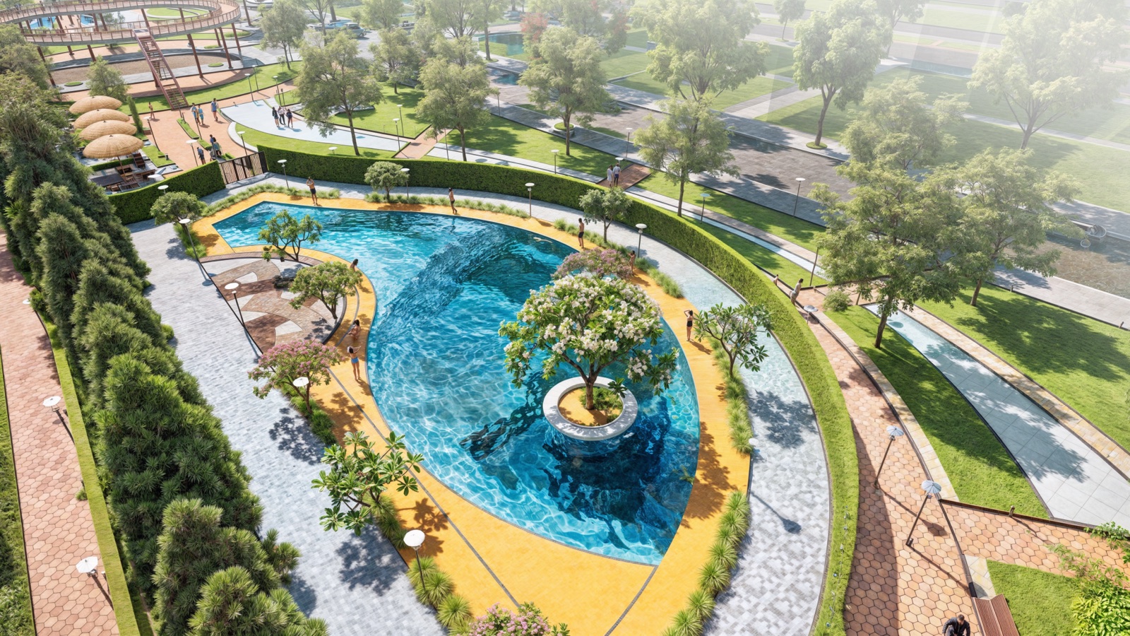Bể bơi ngoài trời trong phân khu Central Park của dự án Hoàng Huy Green River nhìn từ trên cao