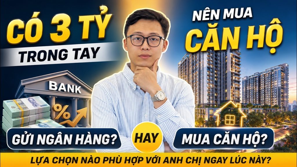 Ảnh bìa video có 3 tỷ trong tay nên gửi ngân hàng hay mua căn hộ, bên trái là cọc tiền trước toà nhà ngân hàng, bên phải là một khu căn hộ cao tầng