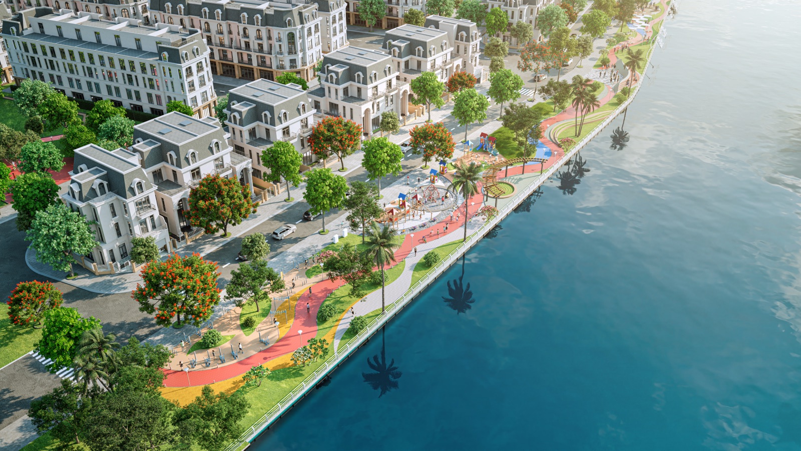 Công viên và đường dạo bộ chạy dọc bờ sông Hòn Ngọc trong phân khu River Park của Hoàng Huy Green River