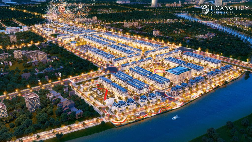 Toàn cảnh khu đô thị Hoàng Huy Green River bên sông Hòn Ngọc lên đèn về đêm