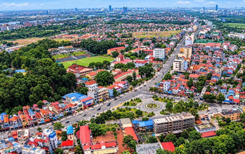Khu vực Kiến Thụy Hải Phòng nhìn từ trên cao với trục đường chính, vòng xuyến trung tâm và khu dân cư san sát