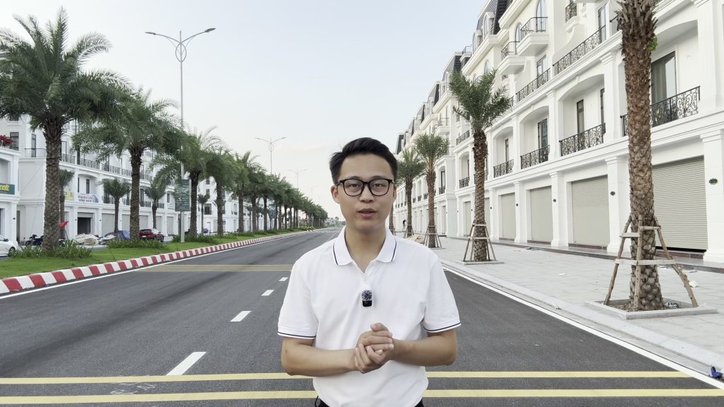 Ngọc Lâm đứng giữa trục đường chính Hoàng Huy Green River, hai bên là hàng cọ và dãy liền kề trắng mái xám