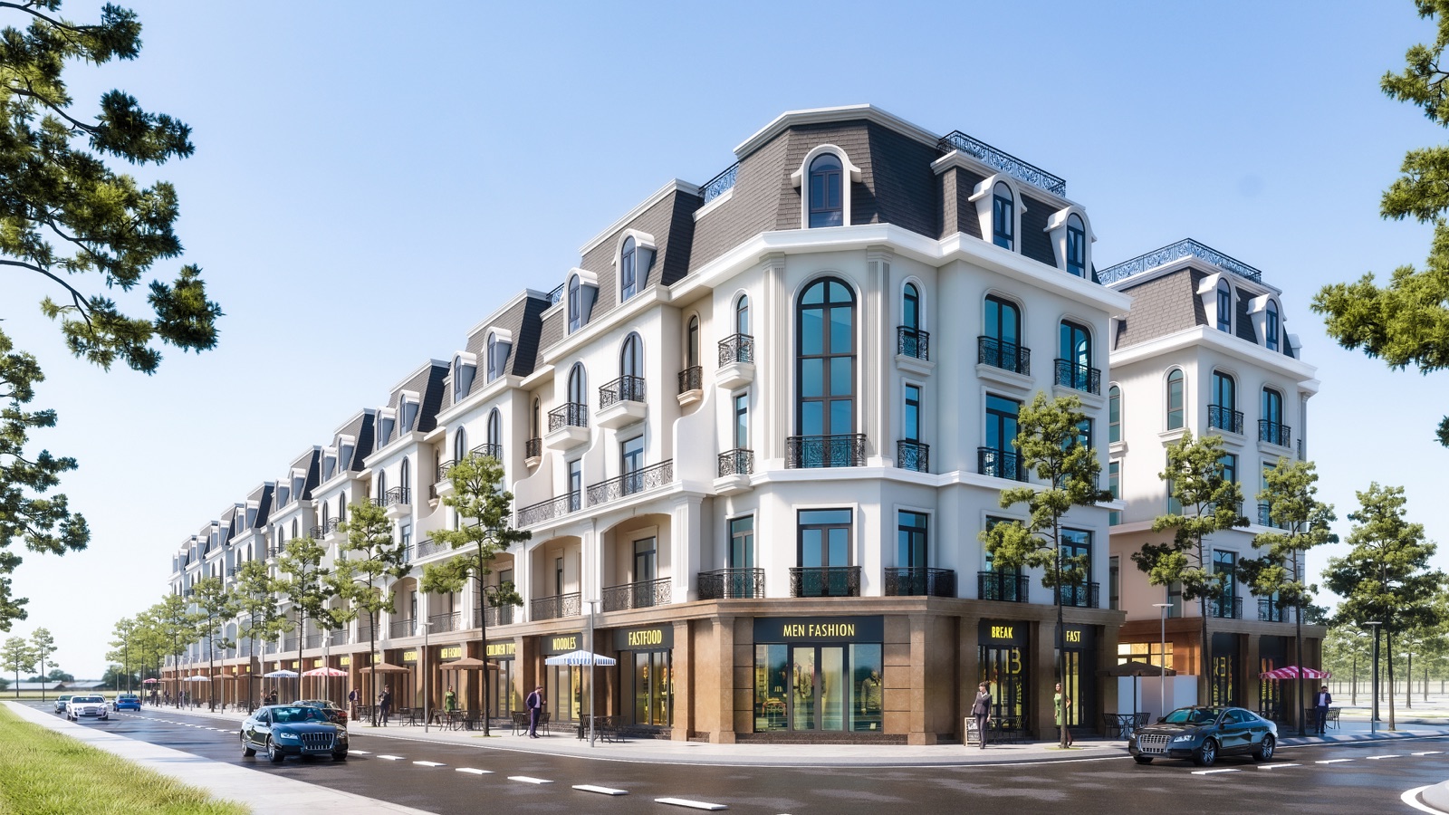 Phối cảnh căn shophouse góc mặt đường lớn trong dự án Hoàng Huy Green River