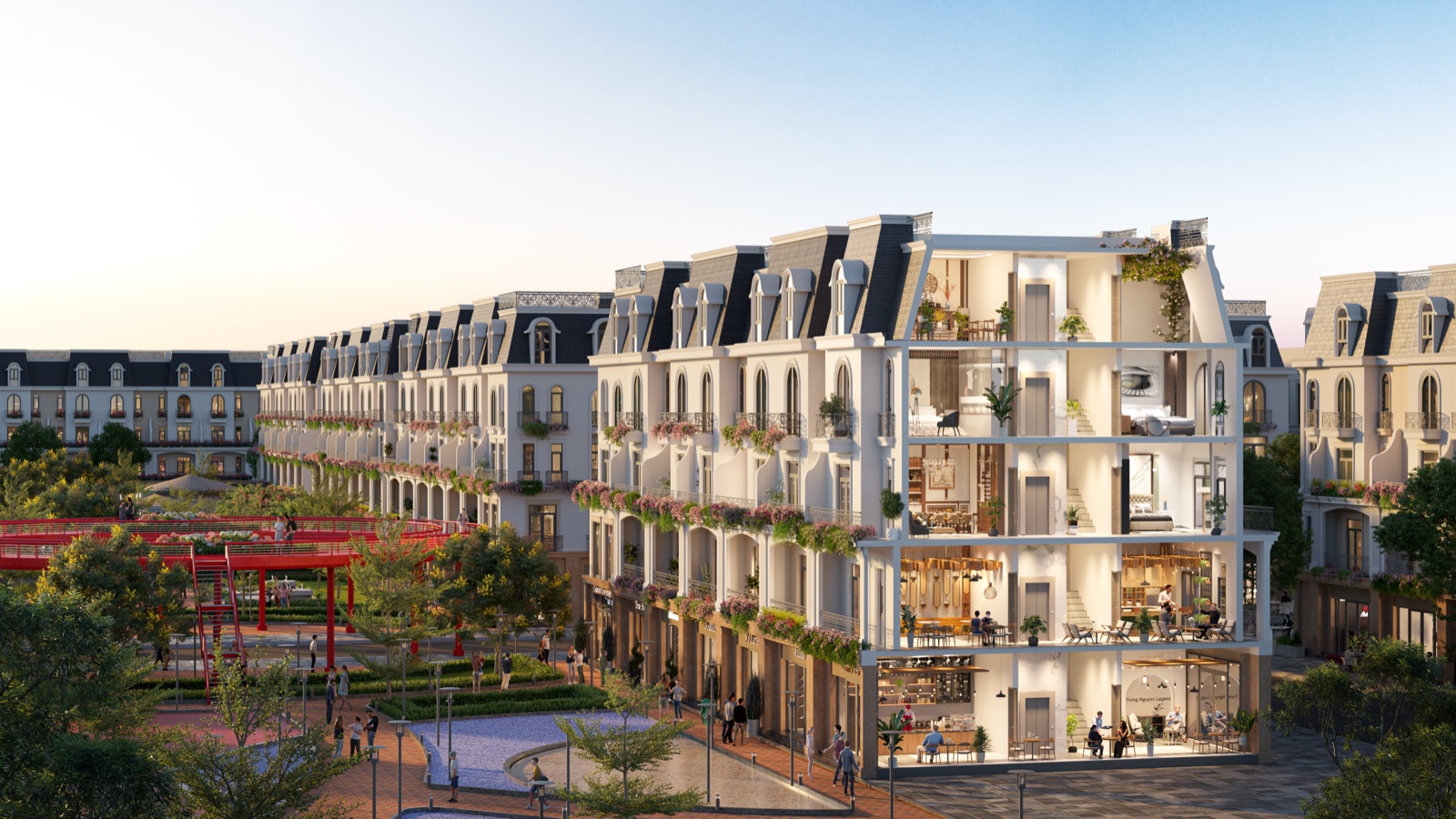 Phối cảnh dãy shophouse mặt công viên trong dự án Hoàng Huy Green River lúc hoàng hôn