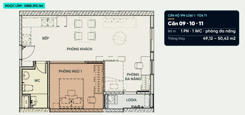 Bản vẽ layout căn hộ 1 phòng ngủ loại 1 AnZen Residences với bếp, phòng khách, phòng ngủ, phòng đa năng và logia, kèm bảng thông số diện tích