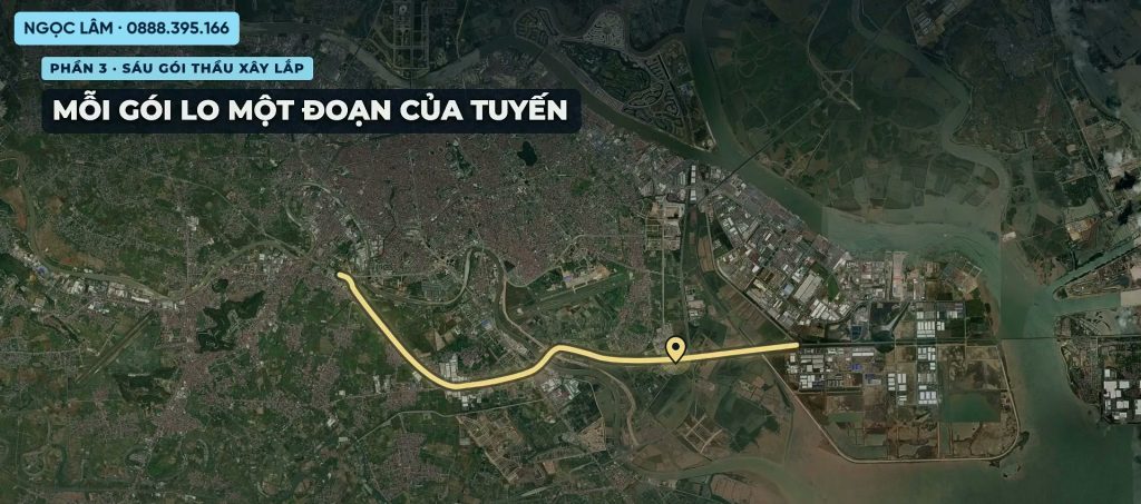 Sơ đồ hướng tuyến đoạn đang thi công của đường vành đai 2 Hải Phòng, vệt vàng chạy từ nút giao Tân Vũ qua sông Lạch Tray tới đường Bùi Viện