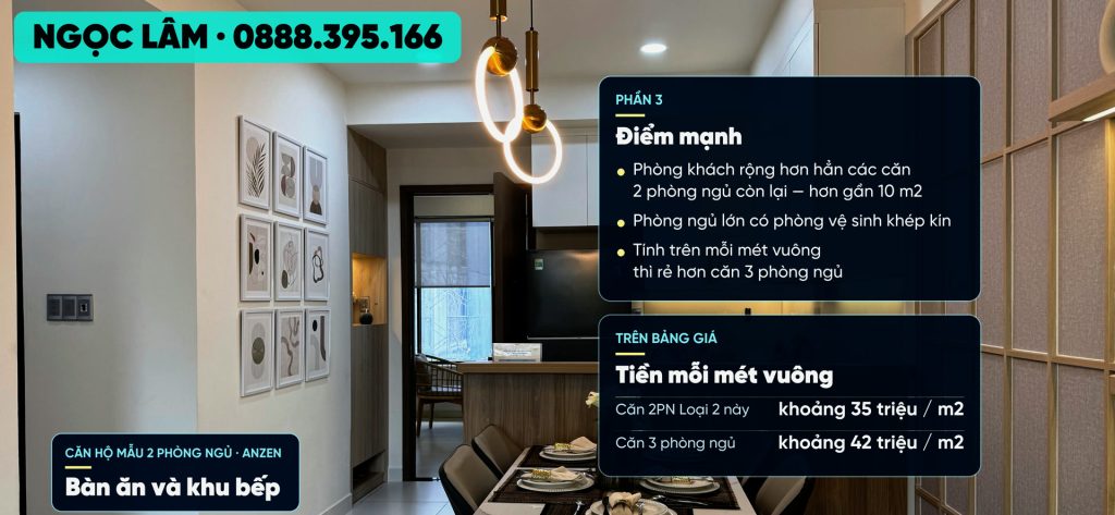 Tiền mỗi mét vuông căn 2 phòng ngủ loại 2 AnZen Residences khoảng 35 triệu so với căn 3 phòng ngủ 42 triệu