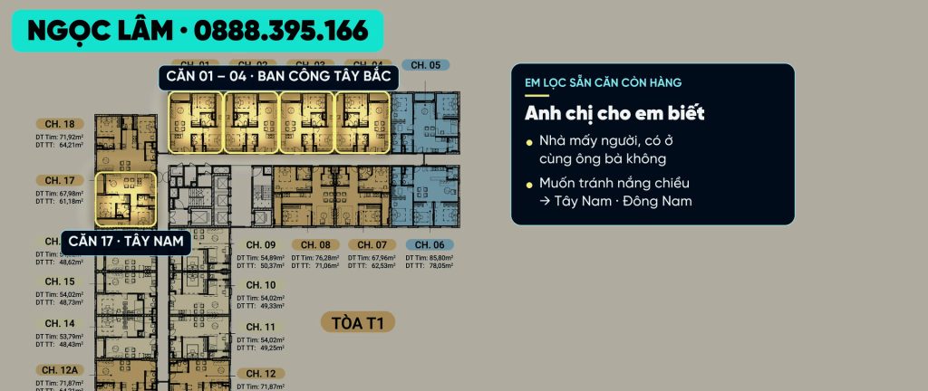 Mặt bằng tầng tòa T1 AnZen Residences đánh dấu bốn căn 01 đến 04 ban công hướng Tây Bắc và căn 17 hướng Tây Nam
