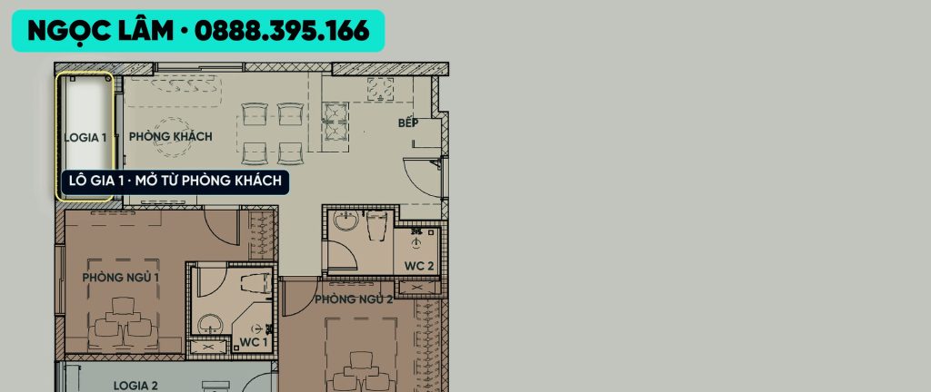 Bản vẽ căn 2 phòng ngủ loại 1 AnZen Residences khoanh khu ngủ nửa dưới gồm phòng ngủ 1 và phòng ngủ 2