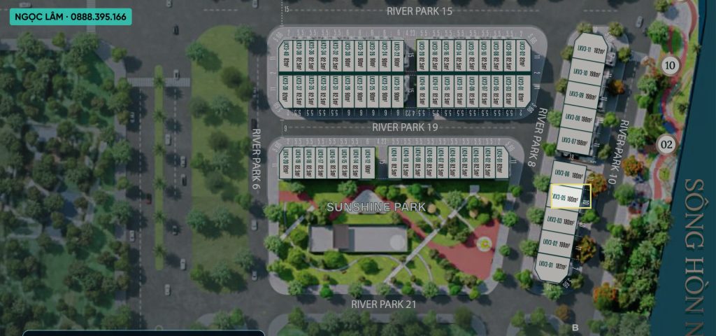 Mặt bằng phân khu River Park Hoàng Huy Green River khoanh vị trí căn biệt thự LKV3-05 nằm ven sông Hòn Ngọc cạnh Sunshine Park