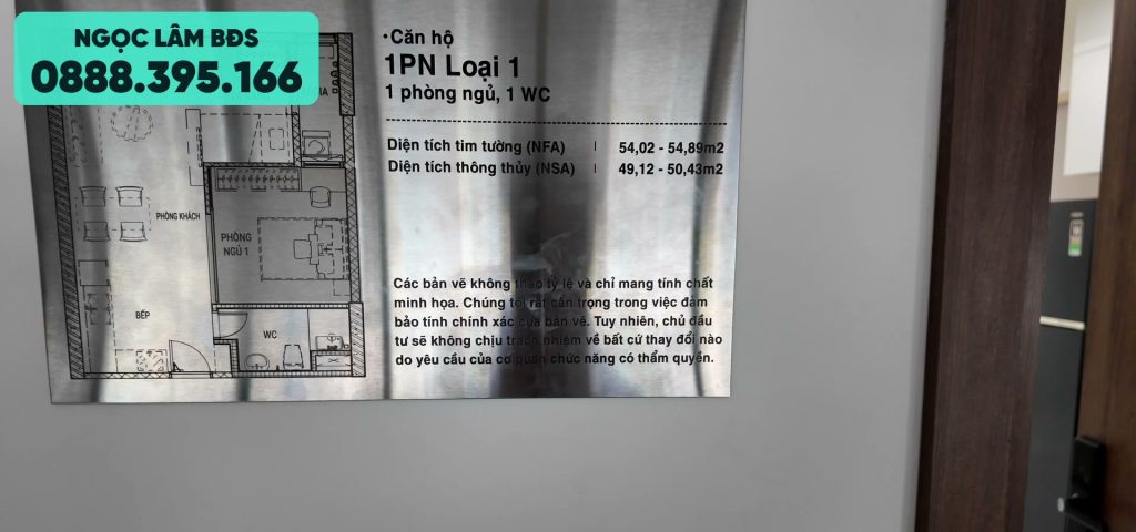 Bảng thông số căn 1PN loại 1 AnZen Residences ghi diện tích tim tường 54,02 đến 54,89 m2 và thông thuỷ 49,12 đến 50,43 m2