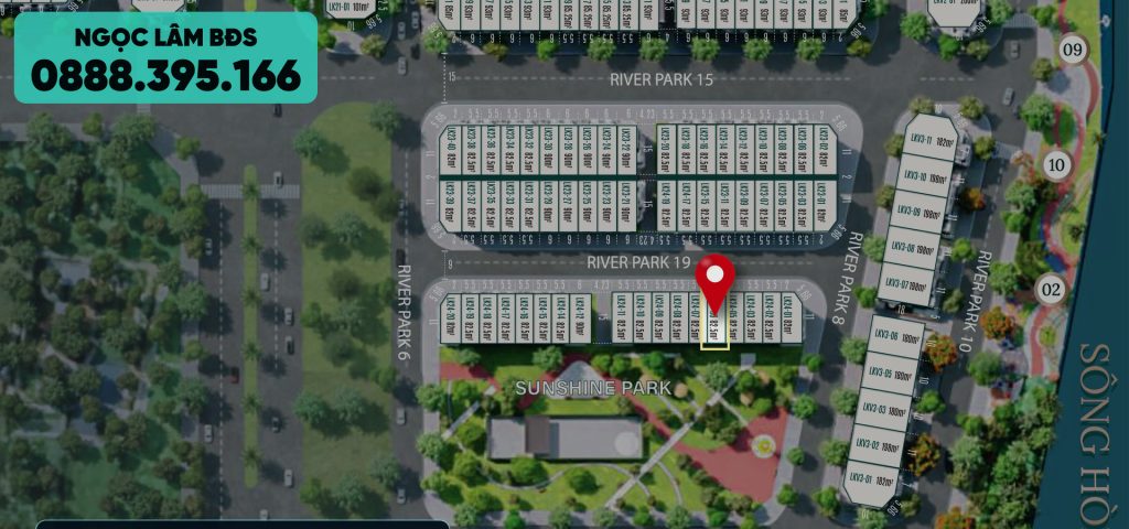 Mặt bằng đánh dấu căn liền kề LK24-06 dãy LK24 phân khu River Park, sau nhà là công viên Sunshine Park