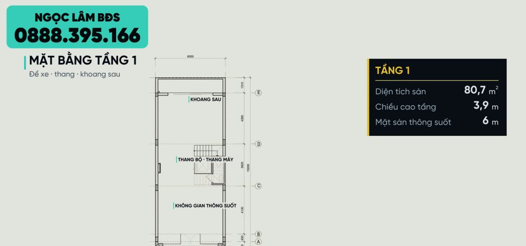 Mặt bằng tầng 1 căn liền kề 90m2 Hoàng Huy Green River gồm chỗ để xe, thang bộ thang máy và khoang sau