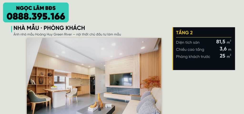 Ảnh nhà mẫu Hoàng Huy Green River cho thấy phòng khách tầng 2 rộng 25 m2 sau khi hoàn thiện nội thất