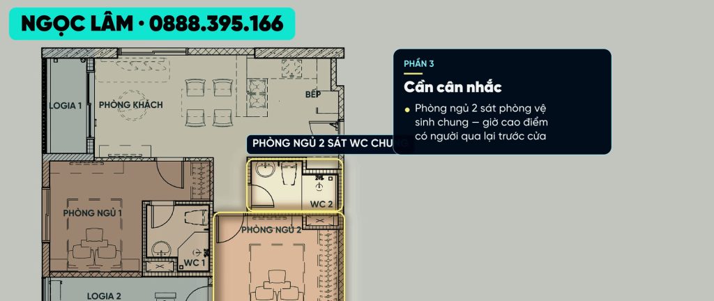 Bản vẽ đánh dấu phòng ngủ 2 nằm sát phòng vệ sinh chung của căn 2 phòng ngủ AnZen Residences