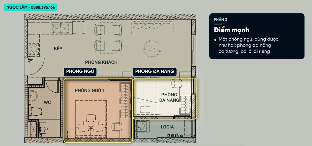 Bản vẽ căn hộ 1 phòng ngủ AnZen Residences khoanh vàng hai khu vực phòng ngủ và phòng đa năng nằm tách nhau