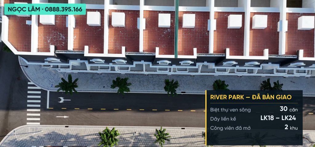 Dãy liền kề phân khu River Park Hoàng Huy Green River đã bàn giao nhìn từ flycam, mặt đường trải nhựa và hàng cau trồng dọc vỉa hè