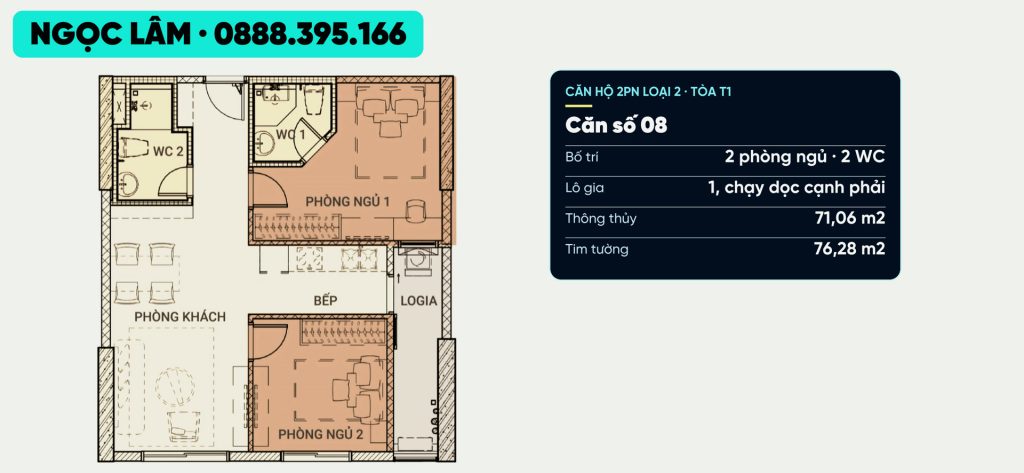 Mặt bằng căn số 08 hai phòng ngủ loại 2 AnZen Residences thông thuỷ 71,06 m2 tim tường 76,28 m2