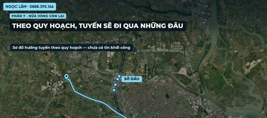 Sơ đồ nửa vòng còn lại của đường vành đai 2 Hải Phòng theo quy hoạch, vệt xanh nét đứt chạy qua Sở Dầu và vượt sông Cấm