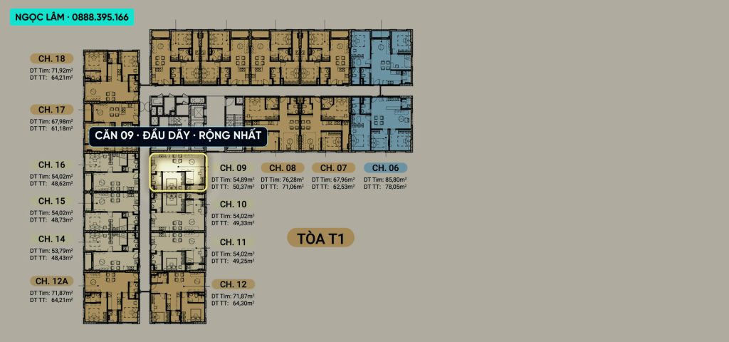 Mặt bằng tầng tòa T1 AnZen Residences đánh dấu căn số 09 đầu dãy là căn rộng nhất, cạnh căn 10 và 11